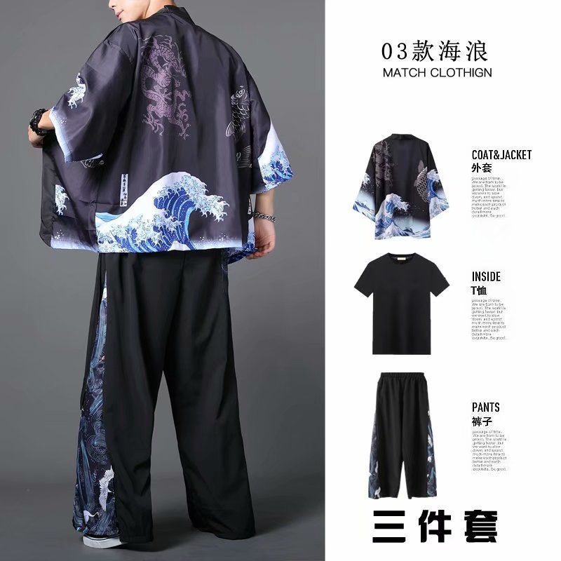 Hanfu Three-Piece Set Summer Chinese Style Robe for Men and Women Couples Fairy Style Loose Straight-Leg Wide-Leg Pants Set Class Clothes 03 waves black 3 piece set 