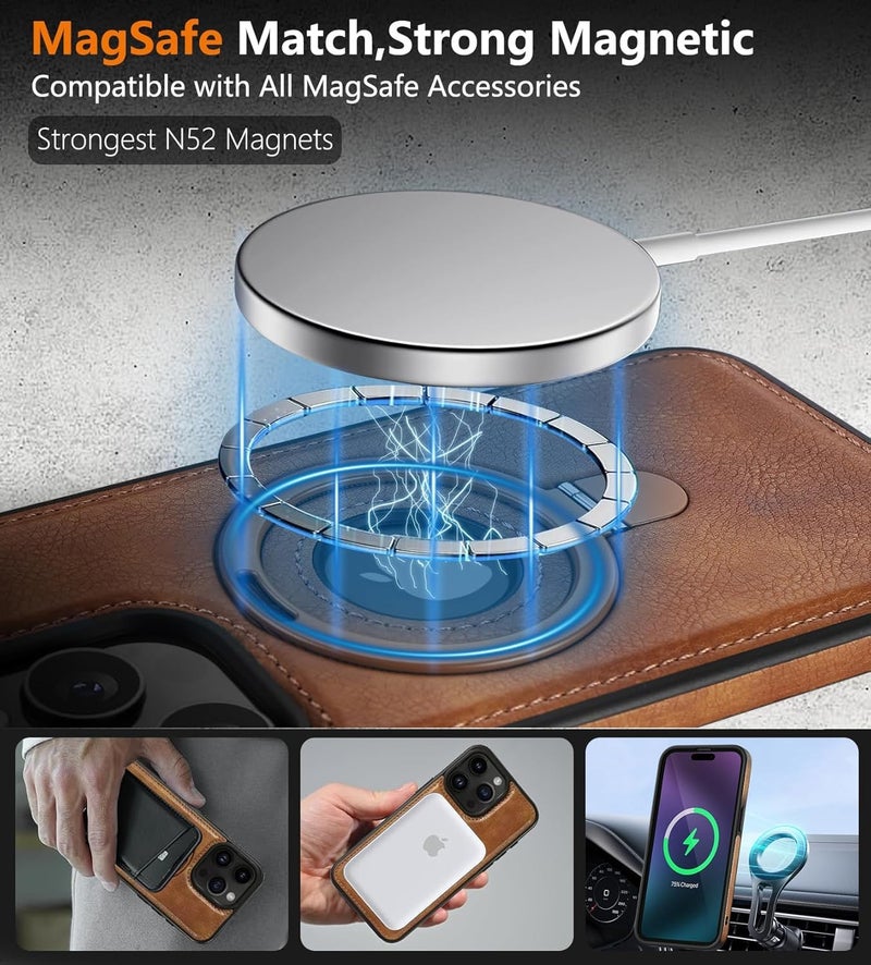 KASTWAVE Magnetic Leather Case For Iphone 15 Pro Max, Military Grade Drop Protection, Slim Back Cover With Adjustable Stand, Compatible With Magsafe, Slim Kickstand Phone Cover, Brown - Image 3