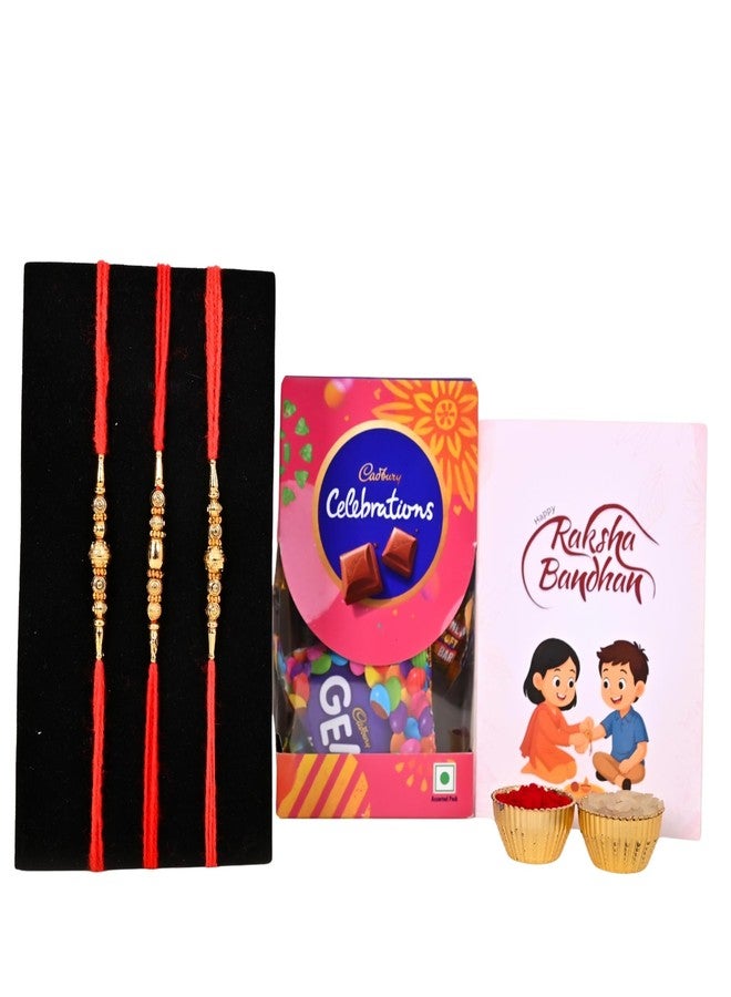 Poorak Religious Assorted Combo - 3 Rakhi, Small Celebration, Greeting Card & Roli Chawal - Image 1