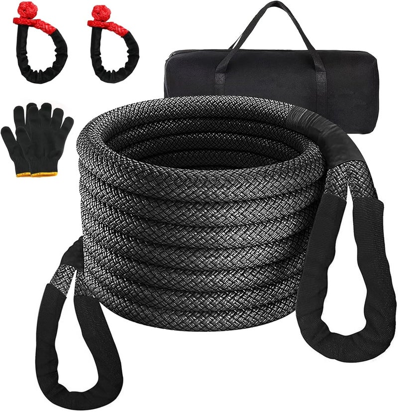 TDOO 1"*30' Gray Car Tow Rope (33000 lbs) with 2 Shackle Ropes|15 Tons 9 Meters Kinetic recovery Rope|4x4 Drive Pickup Truck, SUV, ATV Off Road Heavy Duty Recovery Kit - Image 1