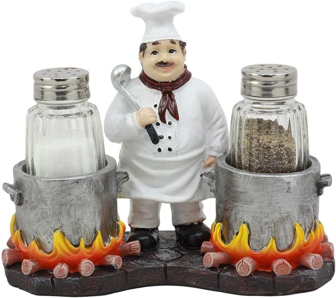 Ebros Gift Ebros Bouillon French Chef Jean With Flaming Double Cauldron Pots Salt And Pepper Shakers Holder Figurine For Kitchen Dining Table Hosting Spice Rack Accessories Gift Ideas For Women Men Chefs Cooks - Image 1