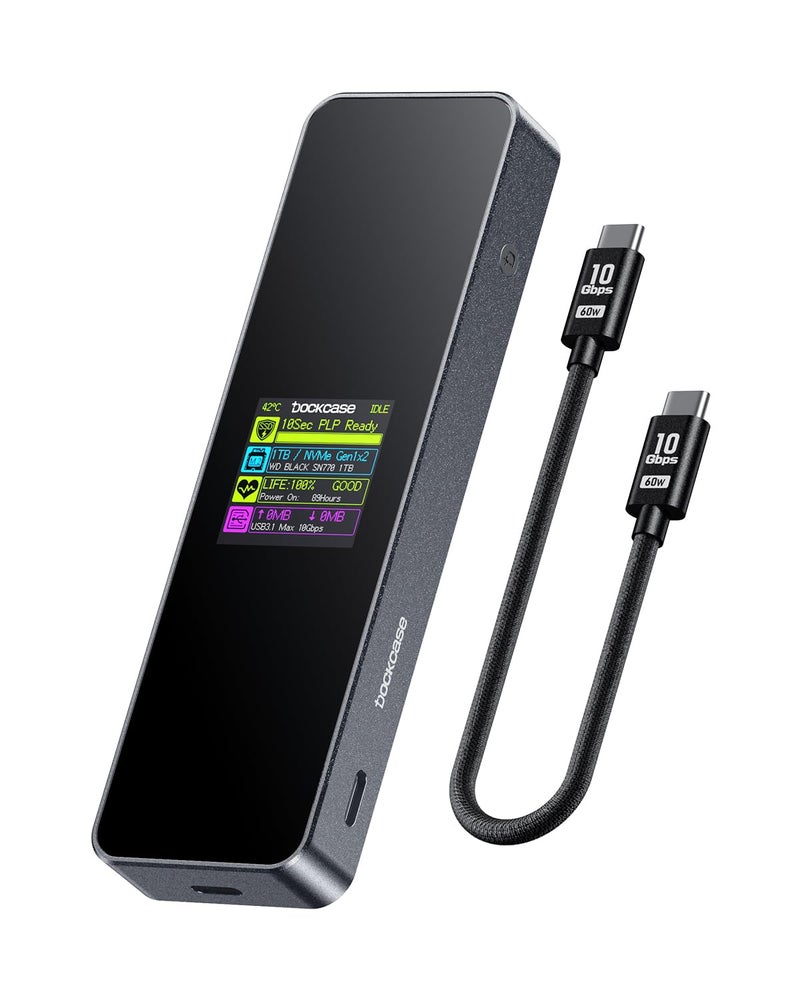 DOCKCASE Visual Smart M.2 NVMe SSD Enclosure,Support 10s PLP Prevents Write Data Loss,USB 3.2 Gen 2 Type-C (10 Gbps),fits NVMe PCIe Size 2230/2242/2260/2280,Support M-Key B+M Key UASP - Image 1