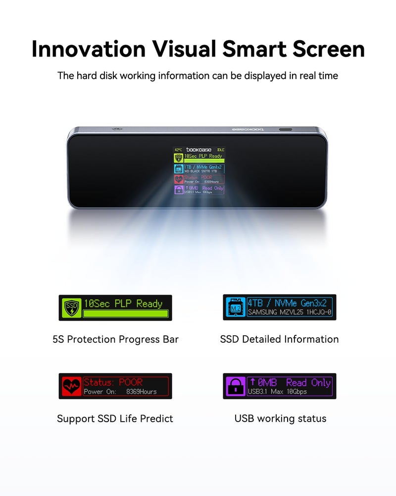 DOCKCASE Visual Smart M.2 NVMe SSD Enclosure,Support 10s PLP Prevents Write Data Loss,USB 3.2 Gen 2 Type-C (10 Gbps),fits NVMe PCIe Size 2230/2242/2260/2280,Support M-Key B+M Key UASP - Image 2