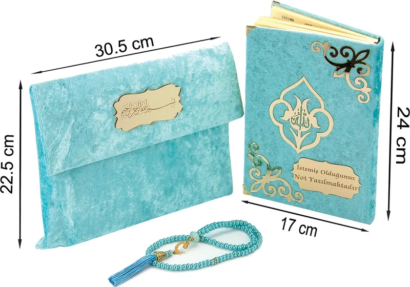İhvan Ihvan Name Customized Plexiglass Patterned Velvet Covered Pouch Prayer Beads Gift Middle Arabic Holy Quran Blue