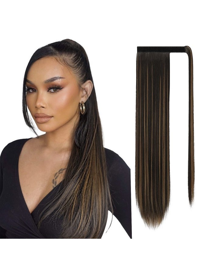 SOFEIYAN SOFEIYAN Long Straight Ponytail Extension 24 inch Wrap Around Ponytail Synthetic Hair Extensions Clip in Ponytail Hairpiece for Women, Dark Brown mix Strawberry Blonde Unevenly  - Image 1