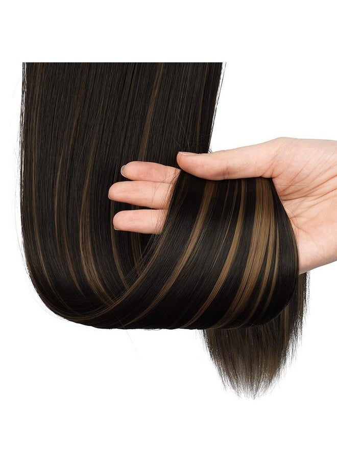 SOFEIYAN SOFEIYAN Long Straight Ponytail Extension 24 inch Wrap Around Ponytail Synthetic Hair Extensions Clip in Ponytail Hairpiece for Women, Dark Brown mix Strawberry Blonde Unevenly  - Image 3