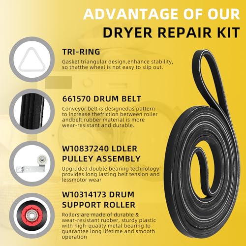 MIFLUS 4392067 Dryer Repair Kit &W10837240 Dryer Idler Pulley Compatible for Kenmore,Maytag Whirl-poo Elite Dryers,Includes WPW10314173 Roller Drum Support Kit,661570v Dryer Belt,279640 Idler Pulley MIFLUS - Image 3