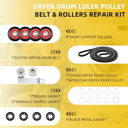 MIFLUS 4392067 Dryer Repair Kit &W10837240 Dryer Idler Pulley Compatible for Kenmore,Maytag Whirl-poo Elite Dryers,Includes WPW10314173 Roller Drum Support Kit,661570v Dryer Belt,279640 Idler Pulley MIFLUS - Image 4