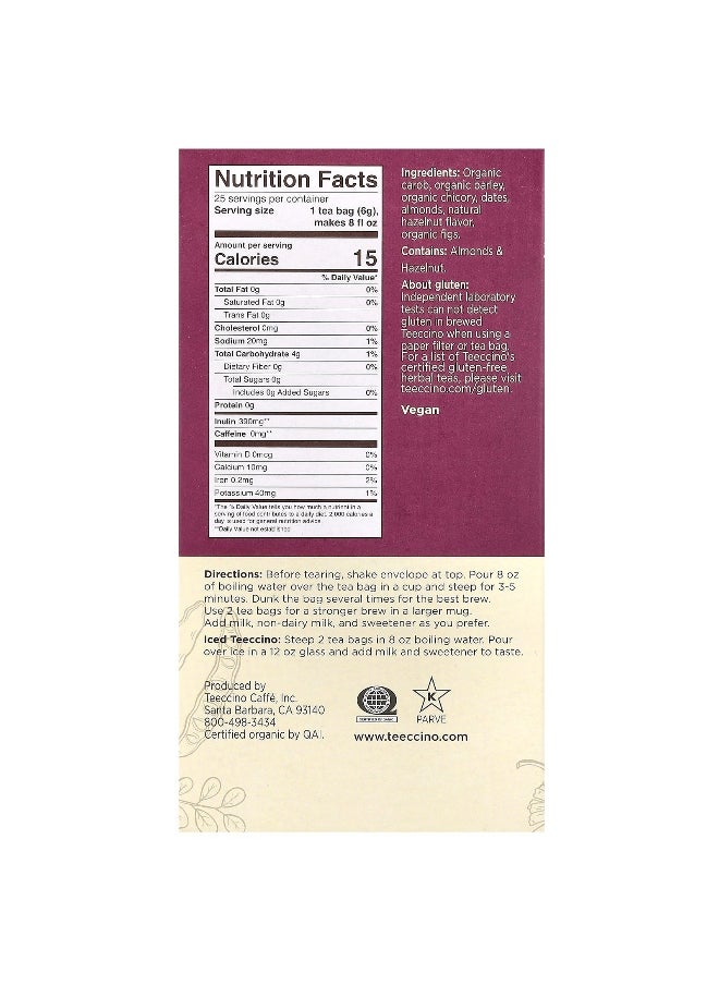 teeccino - Teeccino, Roasted Herbal Tea, Hazelnut, Caffeine Free, 25 Tea Bags, 5.3 oz (150 g) - Image 1