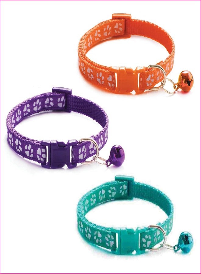 Chipmonk Cat Collars Set of 3 with Bell,Kitten and Small Dogs Soft Adjustable Collar Safe,Solid and Breakaway for Cats and Puppies,Cute Kitty Neckband with Paw Print- (Orange,Turquoise,Purple)