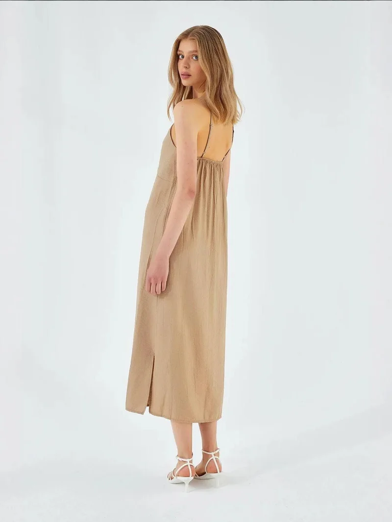 MixRay Beige Natural Mixray V-Neck Slit Midi Dress for Women | Best Price UAE