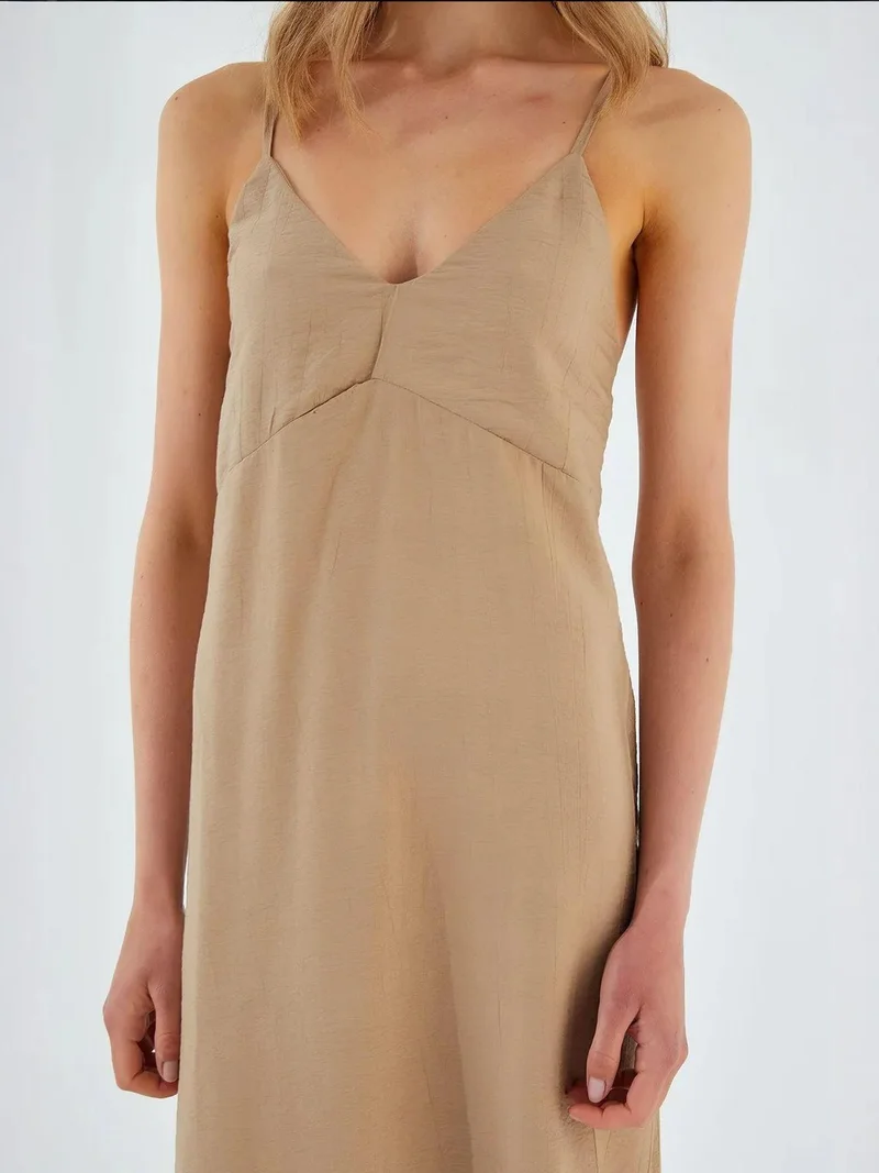 MixRay Beige Natural Mixray V-Neck Slit Midi Dress for Women | Best Price UAE