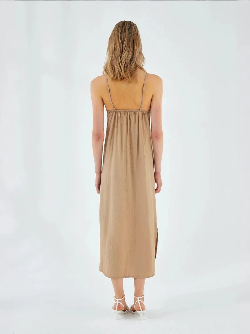 MixRay Beige Natural Mixray V-Neck Slit Midi Dress for Women | Best Price UAE