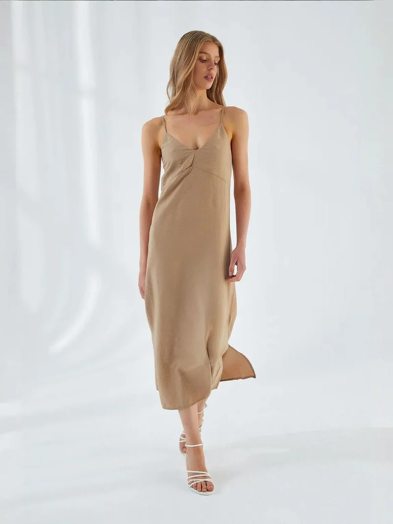 MixRay Beige Natural Mixray V-Neck Slit Midi Dress for Women | Best Price UAE