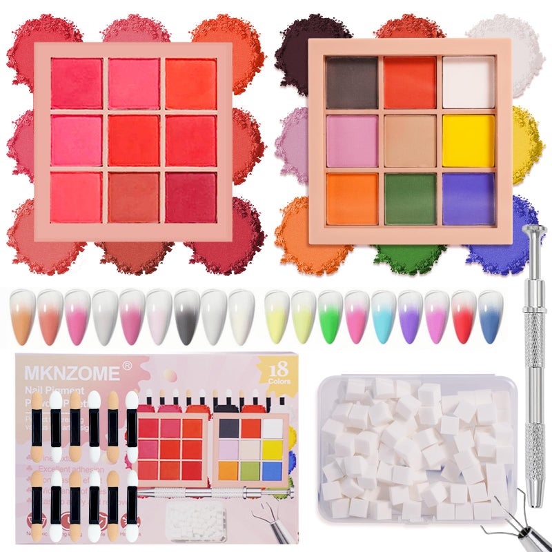 MKNZOME 18 Colors Pigment Powder for Nails Nail Pigment Powder Palette and Nail Art Sponges with Grabbing Pen Nail Powder Set Pigmentos para Uas Manicure Nail Art Tools Accessories Nail Supplies