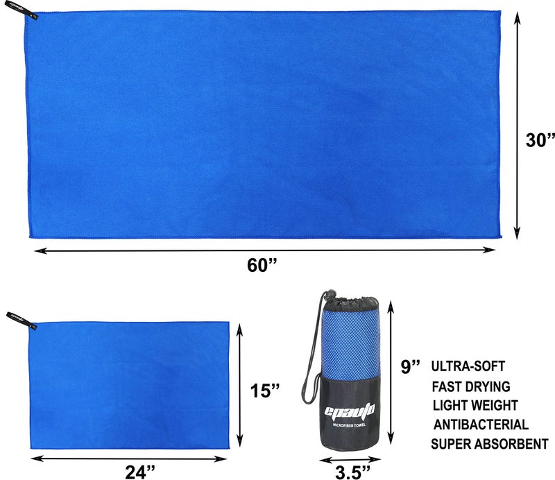 EPAuto Microfiber Fast Drying Towels 2-Pack (60" x 30", 24" x 15") for Travel, Gym, Camping, Beach and Backpacking, Blue - Image 2
