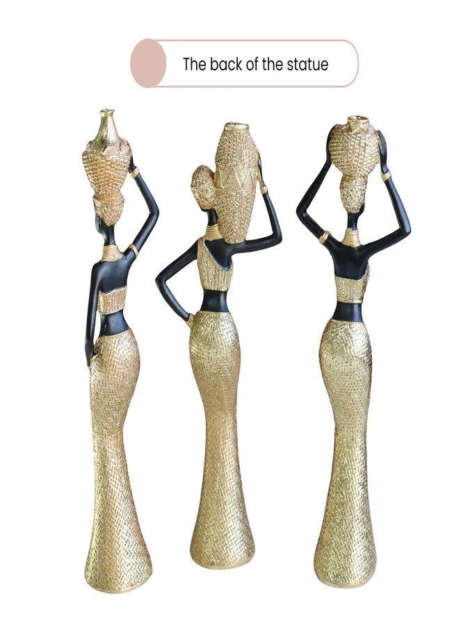 Dwelloria Set of 3 African Women Resin Figurines - Black and Gold Tribal Lady Sculptures for Living Room, Shelf, Office or Entryway Decor, Modern Ethnic Home Decoration - Image 5