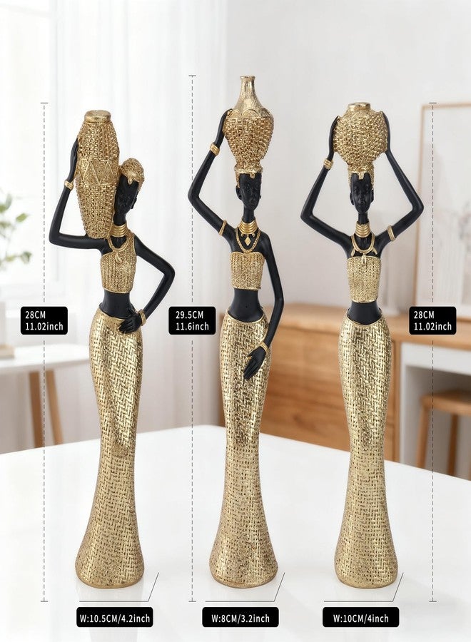 Dwelloria Set of 3 African Women Resin Figurines - Black and Gold Tribal Lady Sculptures for Living Room, Shelf, Office or Entryway Decor, Modern Ethnic Home Decoration - Image 3
