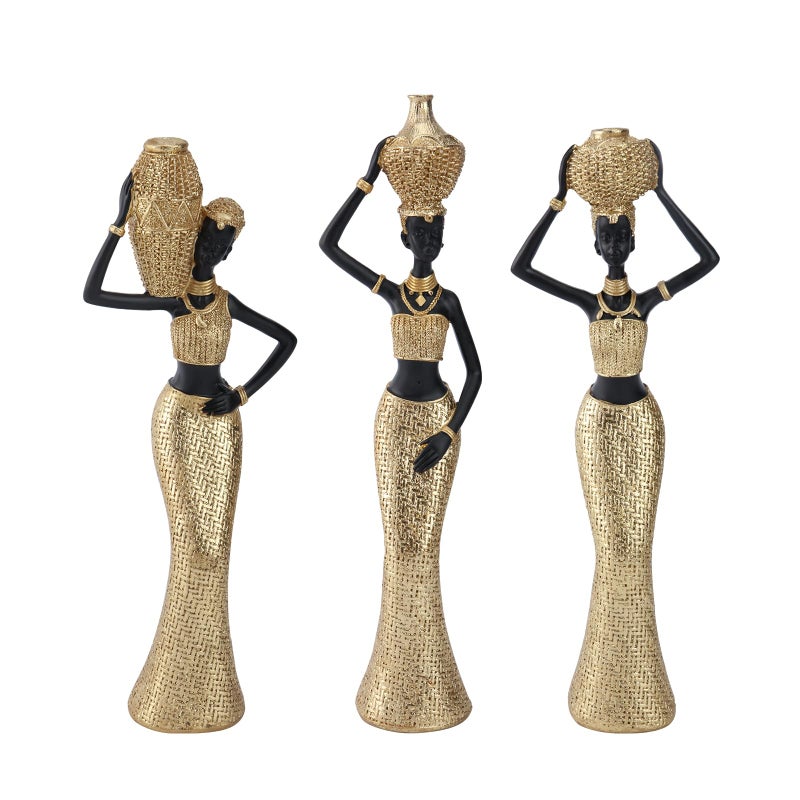 Dwelloria Set of 3 African Women Resin Figurines - Black and Gold Tribal Lady Sculptures for Living Room, Shelf, Office or Entryway Decor, Modern Ethnic Home Decoration - Image 1