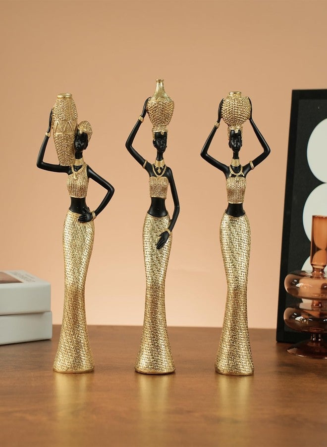Dwelloria Set of 3 African Women Resin Figurines - Black and Gold Tribal Lady Sculptures for Living Room, Shelf, Office or Entryway Decor, Modern Ethnic Home Decoration - Image 4
