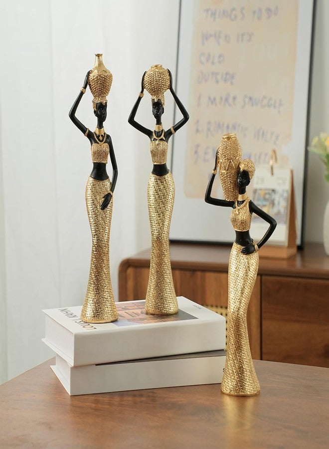 Dwelloria Set of 3 African Women Resin Figurines - Black and Gold Tribal Lady Sculptures for Living Room, Shelf, Office or Entryway Decor, Modern Ethnic Home Decoration - Image 2
