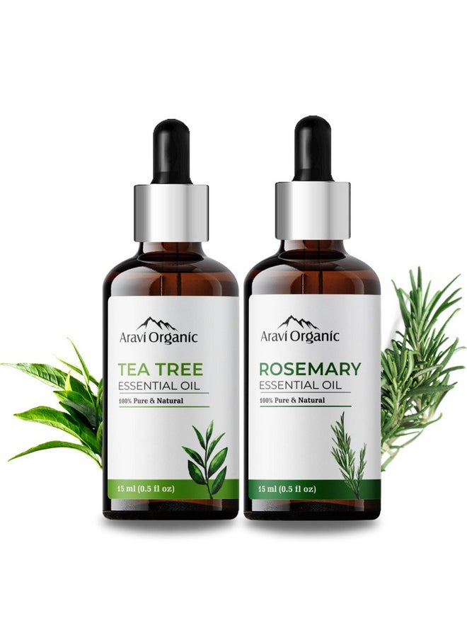 Aravi Organic - 100% Pure Tea Tree And Rosemary Essential Oil For Healthy Hair And Skin - For Women And Men -15 Ml Each - Image 1