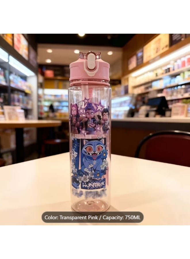 كيبوب زجاجة مياه كيبوب ميرا رومي زوي مع ماصة وحزام حمل، مصنوعة من البولي كربونات، مقاومة للكسر، غطاء قلاب مانع للتسرب، تصميم رسومي لطيف، زجاجة سفر ومشروبات باردة للأطفال (لون وردي شفاف) - Image 2