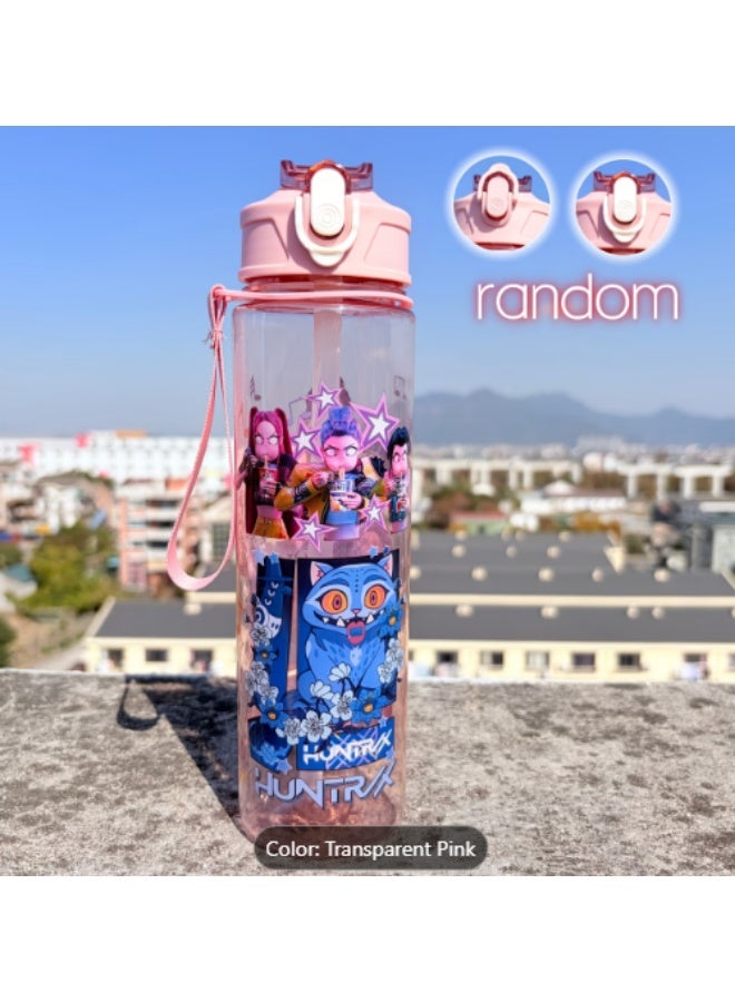 كيبوب زجاجة مياه كيبوب ميرا رومي زوي مع ماصة وحزام حمل، مصنوعة من البولي كربونات، مقاومة للكسر، غطاء قلاب مانع للتسرب، تصميم رسومي لطيف، زجاجة سفر ومشروبات باردة للأطفال (لون وردي شفاف) - Image 3