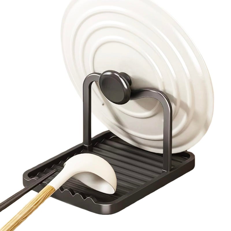 CHANNICORNER Anti-Rust Metal Spoon Rest with Lid Holder, Heat-Resistant Pot Lid Rest, Multifunctional Spatula Holder While Cooking for Stovetop and Kitchen Counter â€“ Black - Image 1