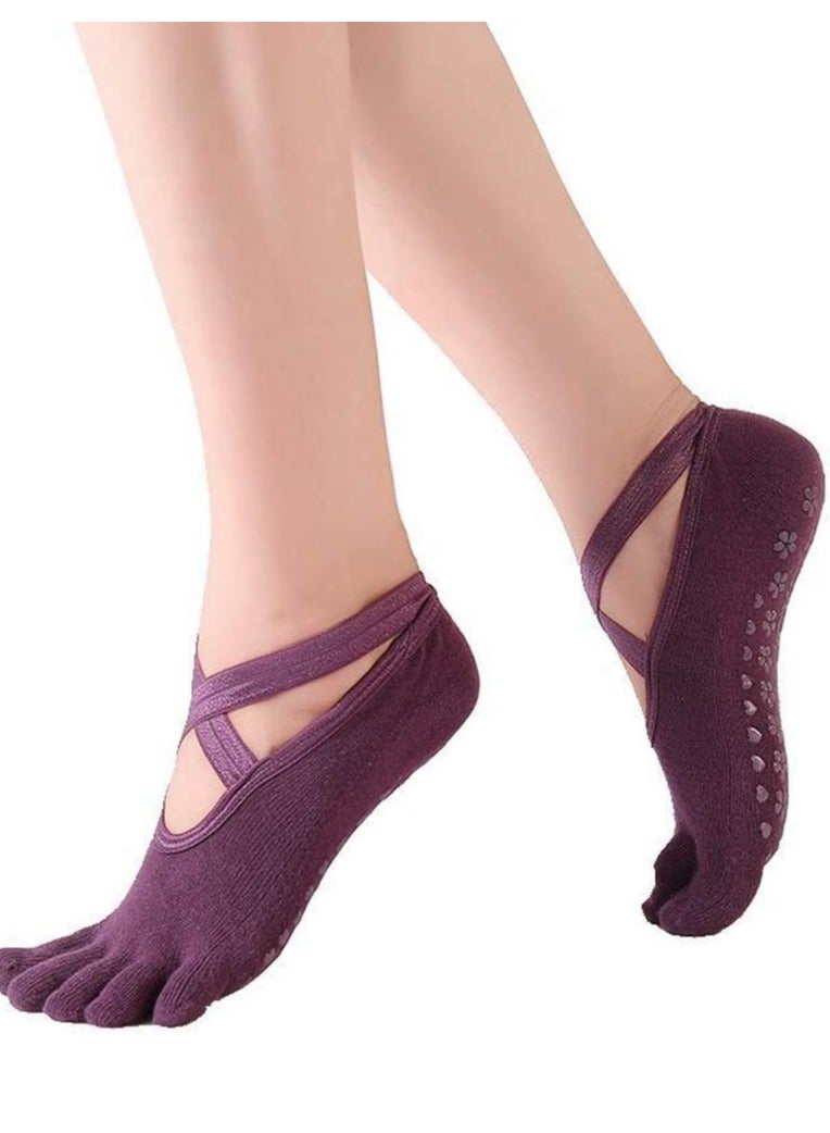 SOLARAE 4 Pairs Non-Slip Five Toe Women Socks for Yoga,Pilates, Barre, Ballet, Fitness, Non Skid Sticky Grip Socks with Strap - Image 3