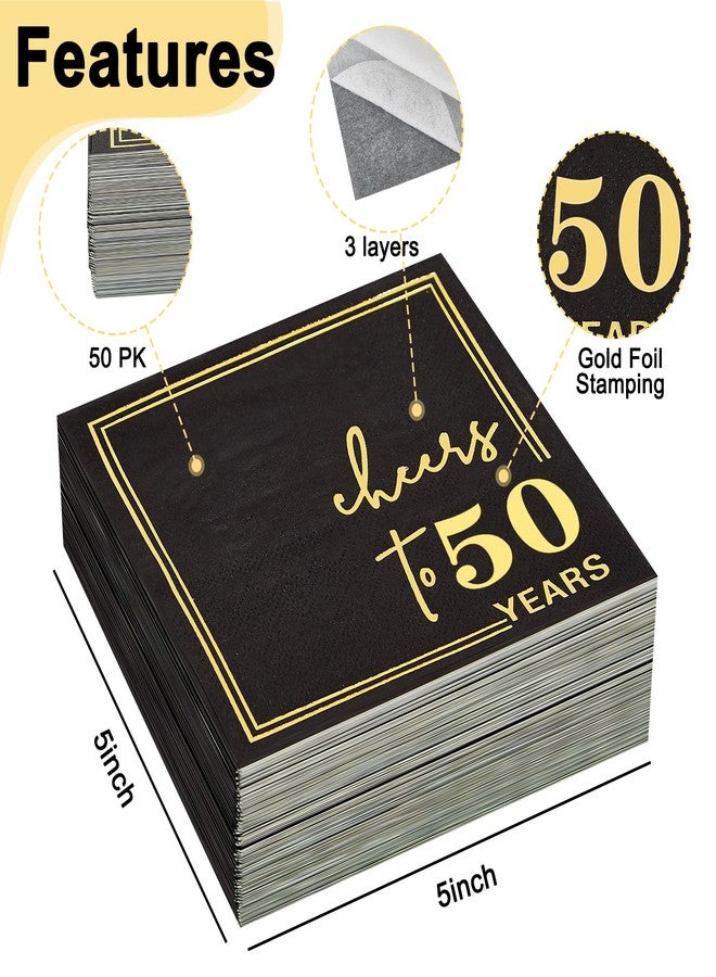Ottin Black Cheers to 50 Years Cocktail Napkins, 5x5 Inches, 50 Counts, 3-Ply Disposable Party Napkins for 50th Birthdays Decorations, Anniversaries, Weddings, Indoor & Outdoor Celebrations, Gold Foil - Image 3
