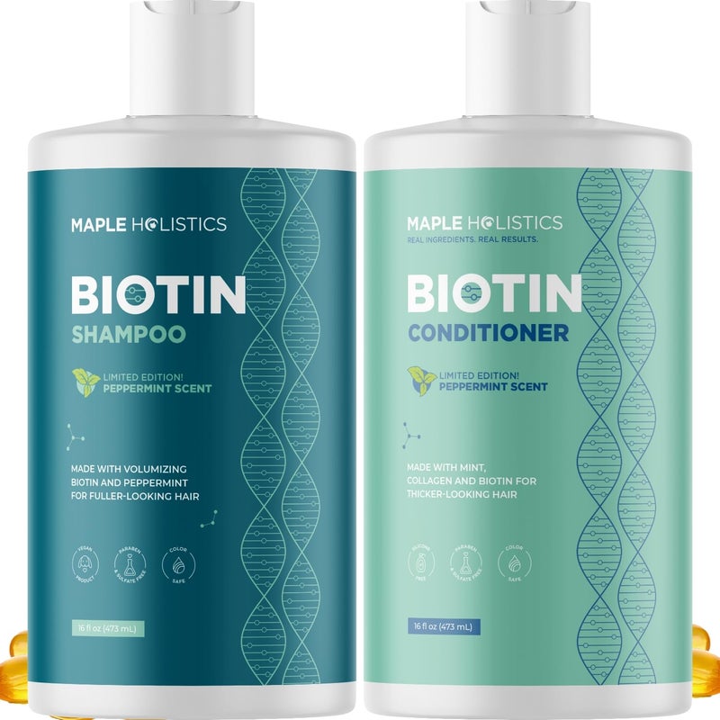 Maple Holistics Volumizing Biotin Shampoo and Conditioner Set - Sulfate Free Shampoo and Conditioner for Dry Damaged Hair Care - Thinning Hair Shampoo and Conditioner with Nourishing Biotin and Argan Oil (Mint) - Image 1