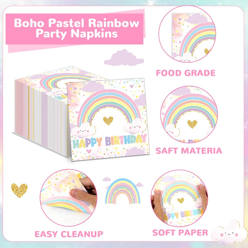 Oitnlaughter 96Pcs Boho Pastel Rainbow Party Paper Plates Napkins Forks Set For Rainbow Cloud Theme Party Dessert Cake Plates Disposable Decor Girls Happy Birthday Set For Kids 24 Guests Birthday Decor - Image 4