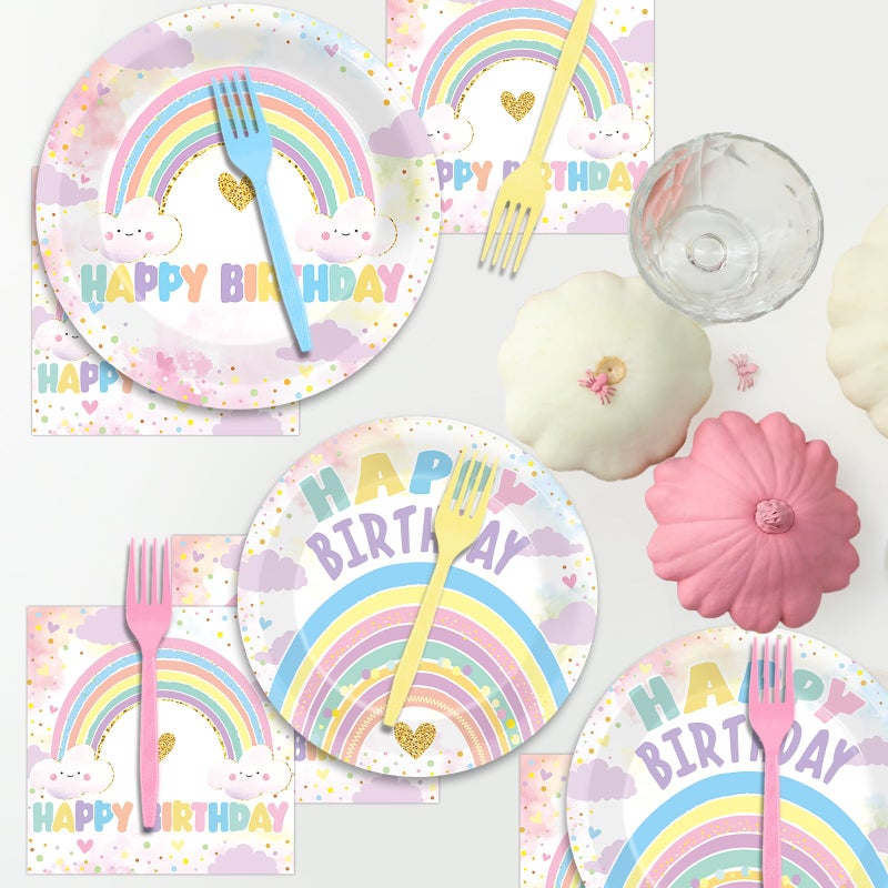 Oitnlaughter 96Pcs Boho Pastel Rainbow Party Paper Plates Napkins Forks Set For Rainbow Cloud Theme Party Dessert Cake Plates Disposable Decor Girls Happy Birthday Set For Kids 24 Guests Birthday Decor - Image 5