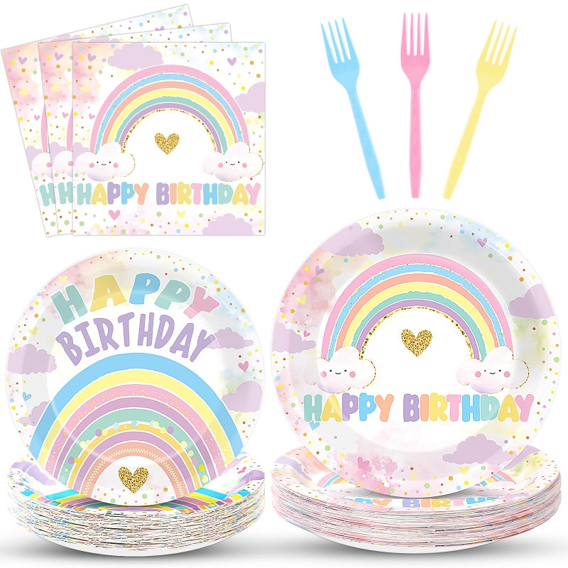 Oitnlaughter 96Pcs Boho Pastel Rainbow Party Paper Plates Napkins Forks Set For Rainbow Cloud Theme Party Dessert Cake Plates Disposable Decor Girls Happy Birthday Set For Kids 24 Guests Birthday Decor - Image 1