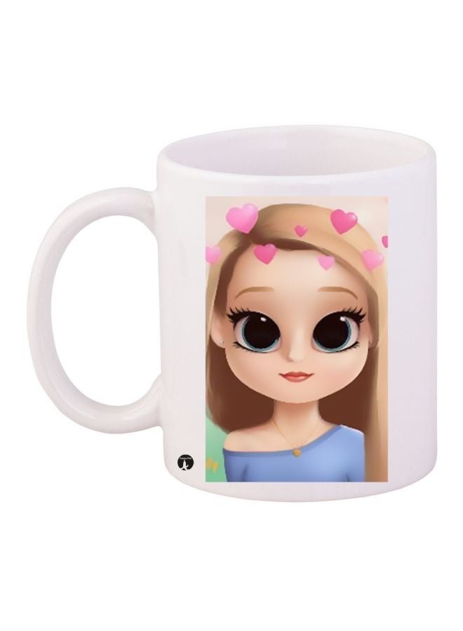 RYN Cartoon Girl Printed Coffee Mug White/Beige/Blue 11ounce