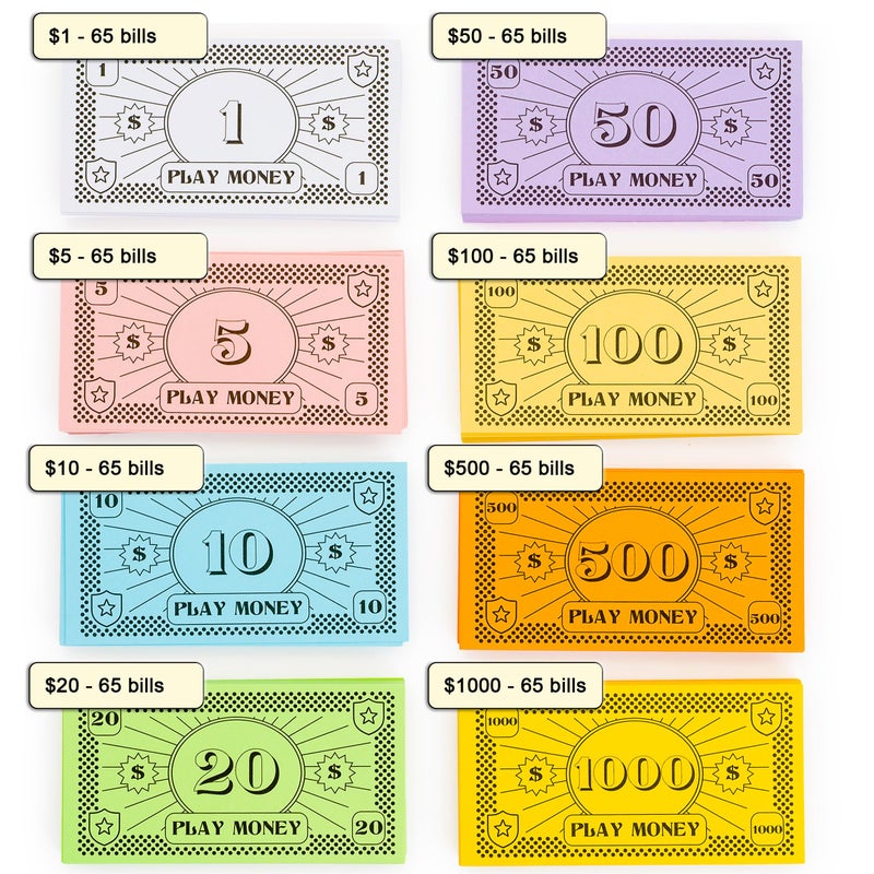 Apostrophe Games Opoly Play Money – 520Pcs Fake Money for Board Games – 65 of Each Bill in 8 Denominations – $1, 5, 10, 20, 50, 100, 500, & $1000 - Paper Money for Pretend Play Cashier, Refill Packs - Image 4