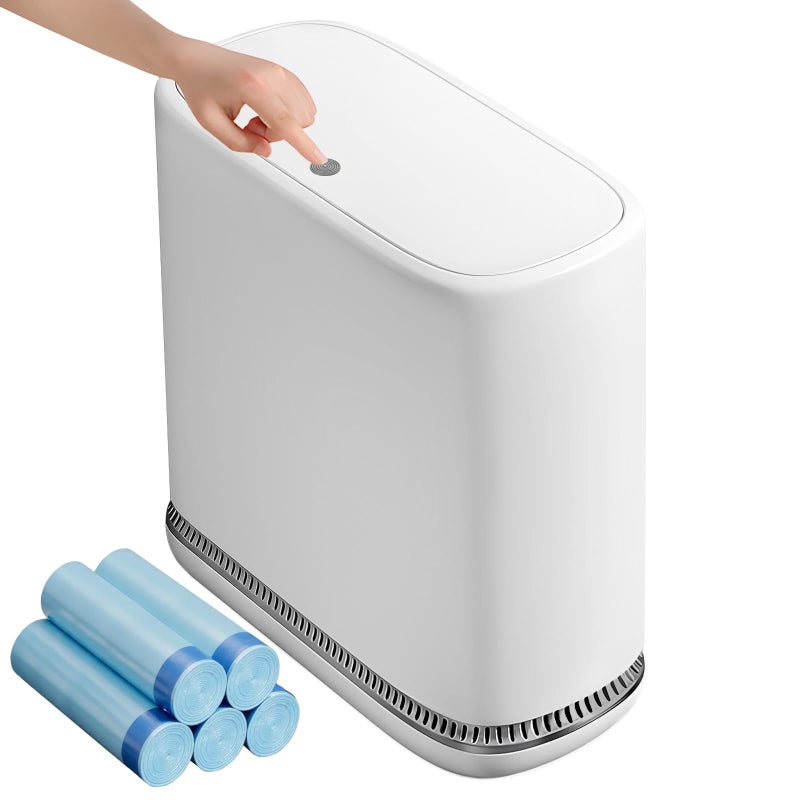 Spreezy Bathroom Trash Can with Lid, 2.3 Gallon/8.6 L Small Trash Can, Pneumatic Adhesion Style Garbage Can for Kitchen, Bedroom, Living Room, Office, Trash Bin Includes 5 Rolls of Trash Bags - Image 1