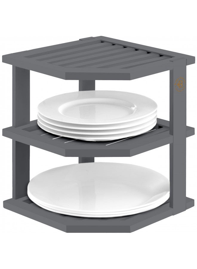 Bambusi Bambüsi Plate Organizer for Cabinet - Bamboo Kitchen and Bathroom Organization - Ideal for Cabinet Space Saving, Corner Cabinet Organizer, Countertop, and Corner Shelf Kitchen Organizer (Grey)  - Image 1