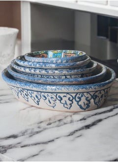 5-piece service set of different sizes made of pottery and porcelain - a distinctive artistic touch - hand-drawn, safe in ovens and microwaves