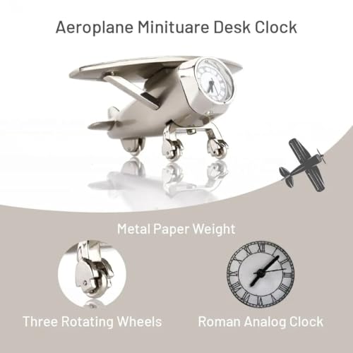 Giftana Aeroplane Miniature Analog Table Clock for Students, Airplane Miniature Desk Clock Paper Weight for Doctors Table, Manual Adjustment, Easy Battery Replacement|93x40 Mm, Silver - Image 3