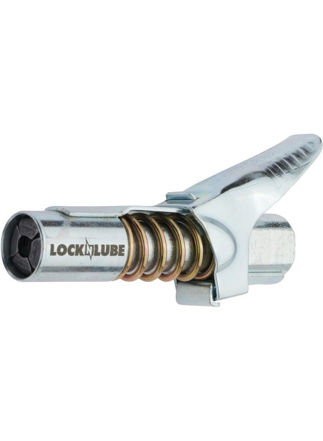 LockNLube Grease Gun Coupler locks onto Zerk fittings. Grease goes in, not on the machine. World's best-selling original locking grease coupler. Rated 10,000 PSI. Long-lasting rebuildable tool. - Image 2