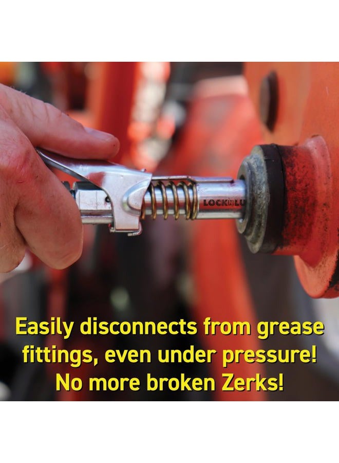 LockNLube Grease Gun Coupler locks onto Zerk fittings. Grease goes in, not on the machine. World's best-selling original locking grease coupler. Rated 10,000 PSI. Long-lasting rebuildable tool. - Image 5