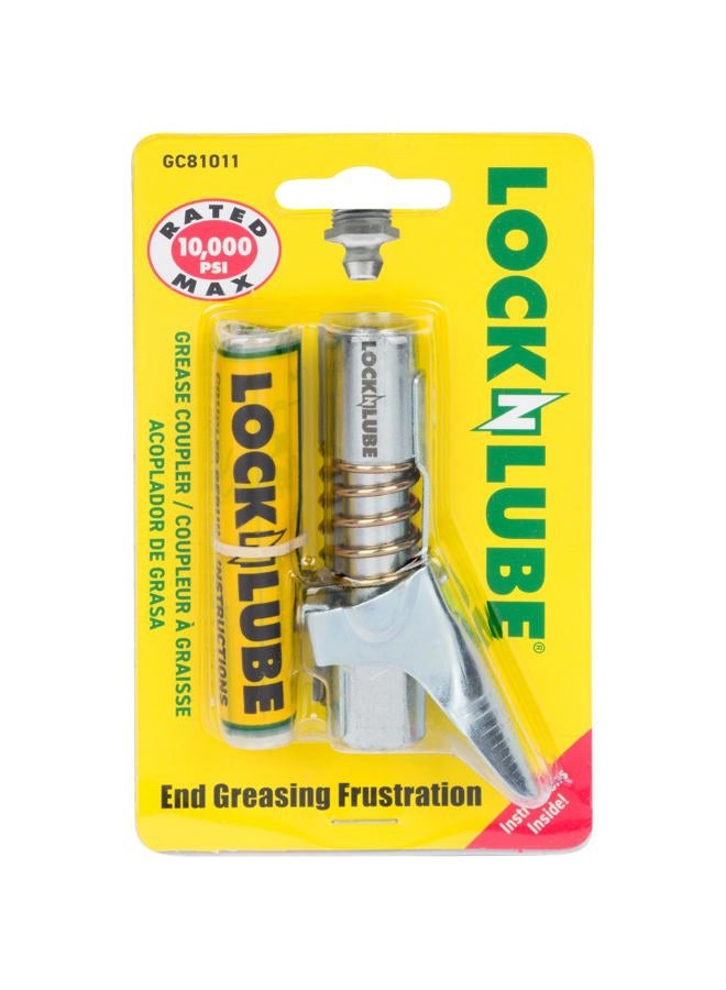 LockNLube Grease Gun Coupler locks onto Zerk fittings. Grease goes in, not on the machine. World's best-selling original locking grease coupler. Rated 10,000 PSI. Long-lasting rebuildable tool. - Image 1