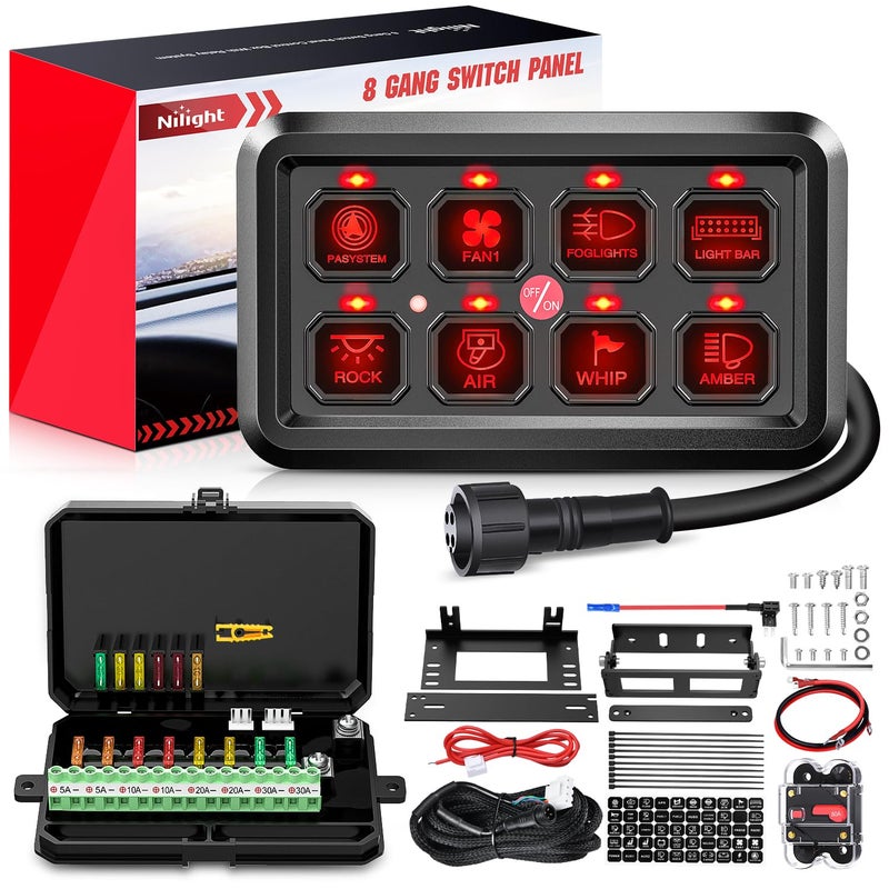 Nilight 8 Gang Switch Panel System Circuit Control Relay Fuse Wiring Harness Automatic Dimmable ON Off LED Pod for 12V Cars Trucks Campers SUV - Image 2