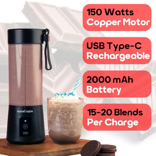InstaCuppa Portable Blender for Smoothie and Juices, Milk Shakes, Crushing Ice, USB Rechargeable Blender Machine for Kitchen with 2000 mAh Battery, 150 W Motor, 400 ML, Built-in Jar (Normal Edition) - Image 4