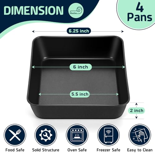 P&P CHEF PP CHEF 6 Inch Square Cake Pan Nonstick Square Baking Pan for Cake Brownie Lasagna Stainless Steel Core for Sturdy Structure Nontoxic Oven Safe Black 4Pcs - Image 3