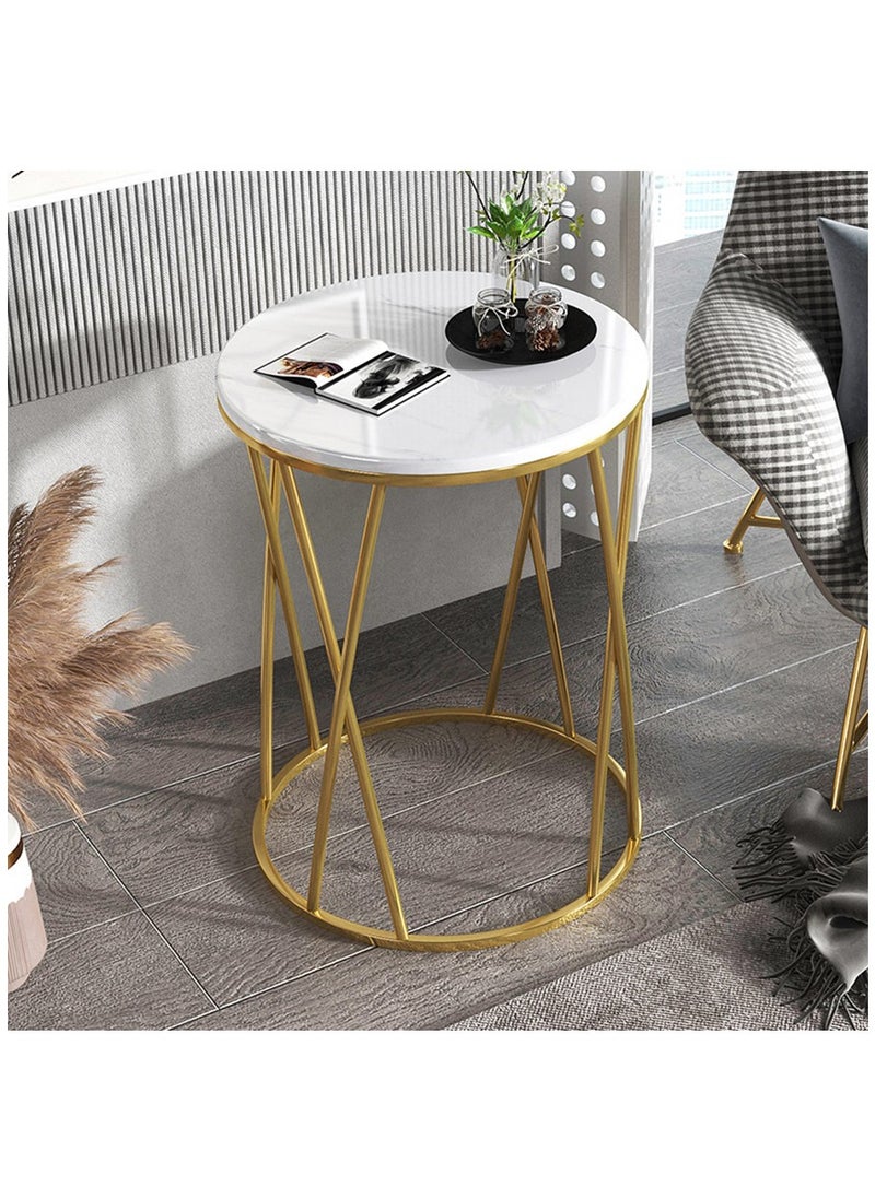 Round Side Table, Accent End Table with Gold Removable Metal Tray, Small Circle Table Nightstand with Gold Metal Frame for Bedroom, Living Room, Dorm