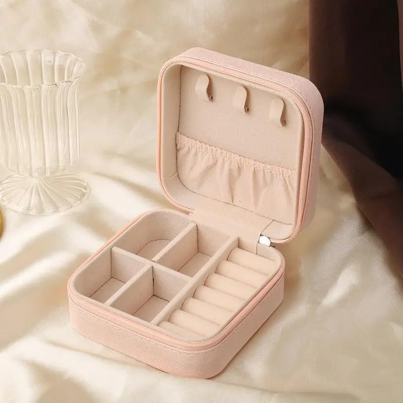 MEENAZ jewellery organisers box small PU Leather Zipper Portable Storage Box Case Dividers Container for Rings, Earrings, Necklace Home Organizer, Pink Locker Box For Jewellery Gift For Girls & Women - Image 2