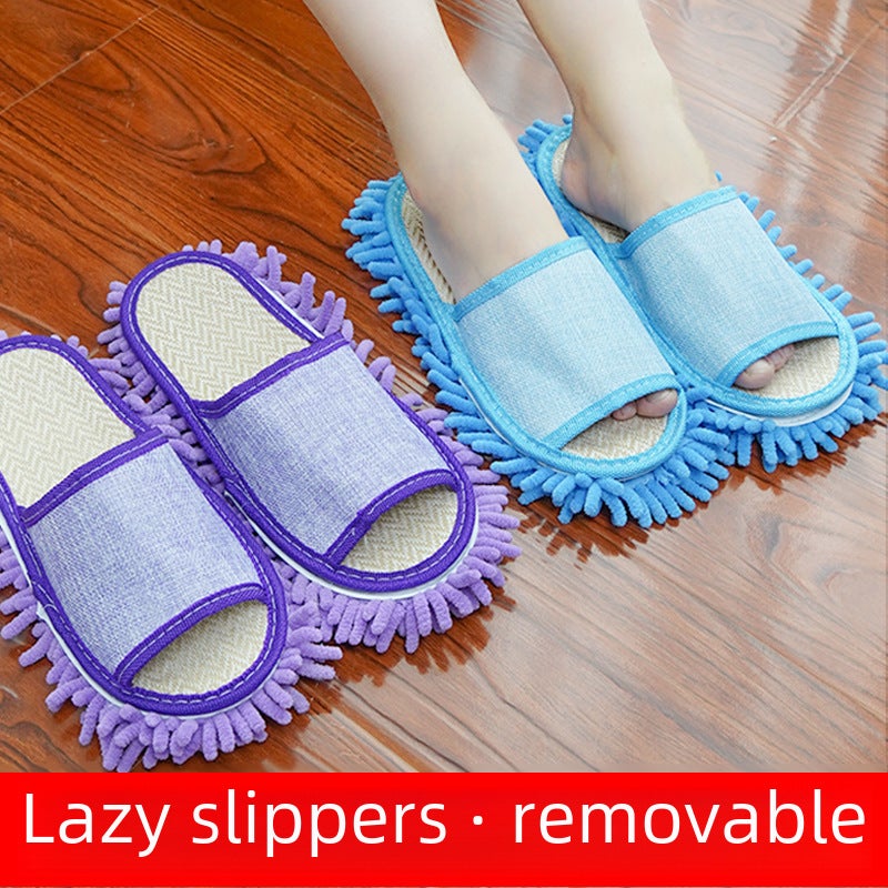 Factory wholesale floor-wiping slippers removable and washable lazy slippers men's and women's linen wooden floor home cleaning mop slippers(Sky Blue small size, Free size) - Image 2
